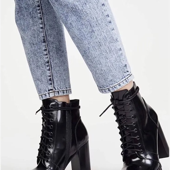 Black Lace-Up Women's Boots shiny black legion Jeffrey Campbell 7 heeled tall - Picture 12 of 13